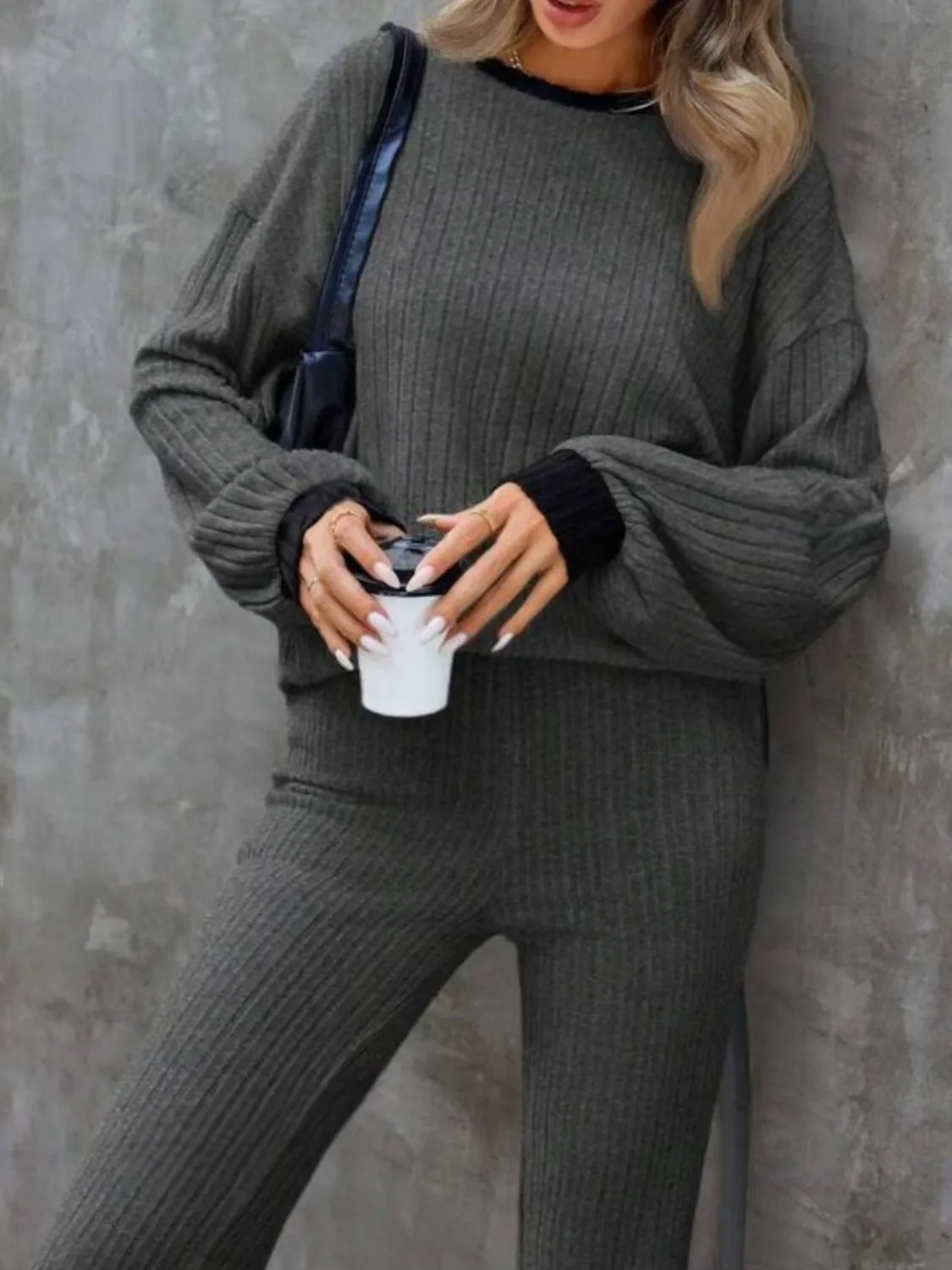 Trust Issues Contrast Round Neck Long Sleeve Top and Bootcut Pants Set