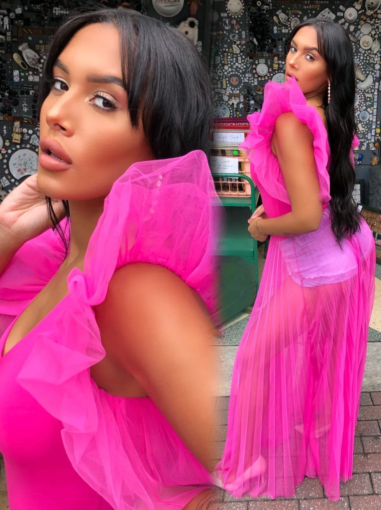 Tulle Sleeve Dreams Top (HOT PINK)