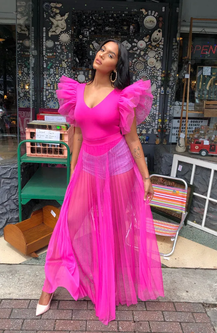 Tulle Sleeve Dreams Top (HOT PINK)