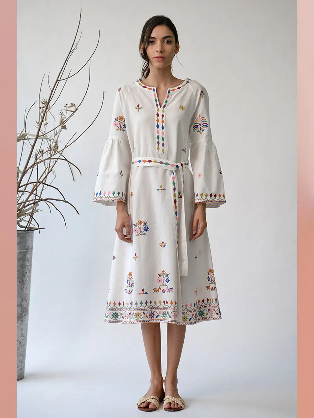 UMBAR by Payal Pratap   I   Dress  I  A Belted Dress With Peplum Sleeves And Myriad Shades Of Thread Embroideries Reminiscent Of The Kutch Region  I  A Day To Evening Summer Essential For Your Wardrobe