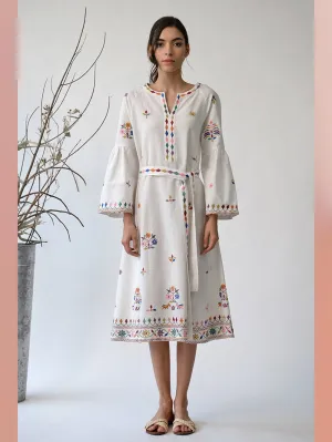 UMBAR by Payal Pratap   I   Dress  I  A Belted Dress With Peplum Sleeves And Myriad Shades Of Thread Embroideries Reminiscent Of The Kutch Region  I  A Day To Evening Summer Essential For Your Wardrobe