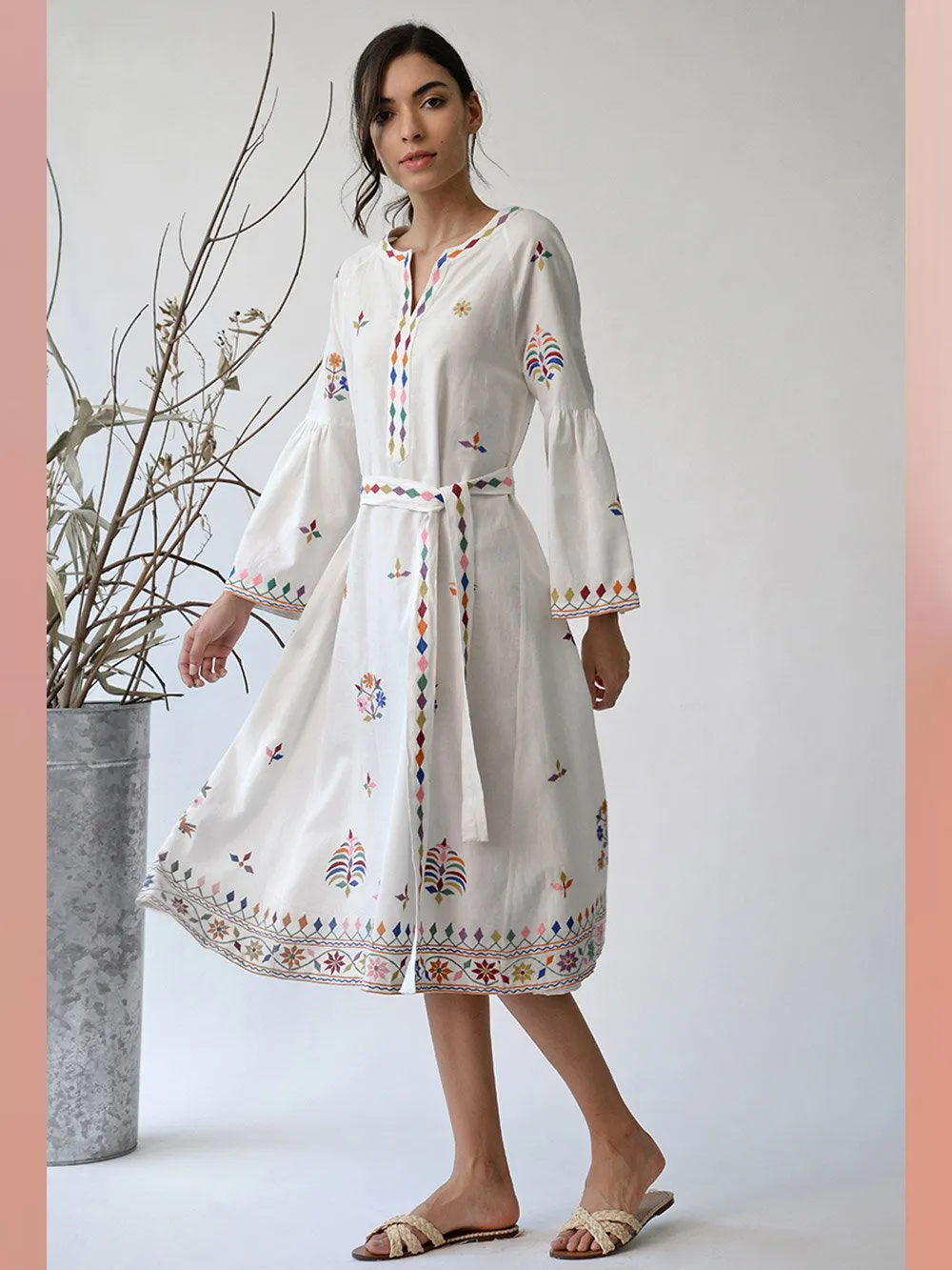 UMBAR by Payal Pratap   I   Dress  I  A Belted Dress With Peplum Sleeves And Myriad Shades Of Thread Embroideries Reminiscent Of The Kutch Region  I  A Day To Evening Summer Essential For Your Wardrobe