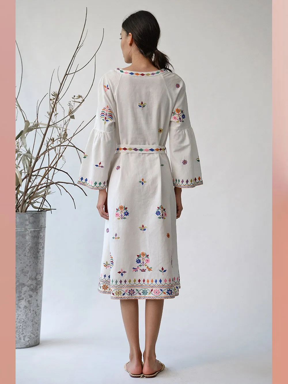 UMBAR by Payal Pratap   I   Dress  I  A Belted Dress With Peplum Sleeves And Myriad Shades Of Thread Embroideries Reminiscent Of The Kutch Region  I  A Day To Evening Summer Essential For Your Wardrobe
