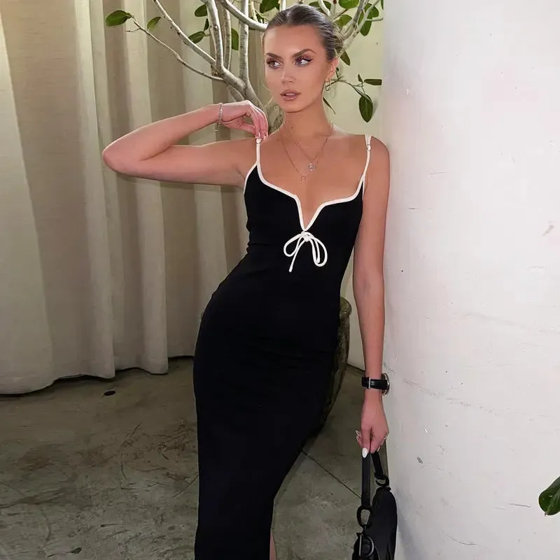 V-neck Midi Dress - Slim Fit Spaghetti Straps European American Style