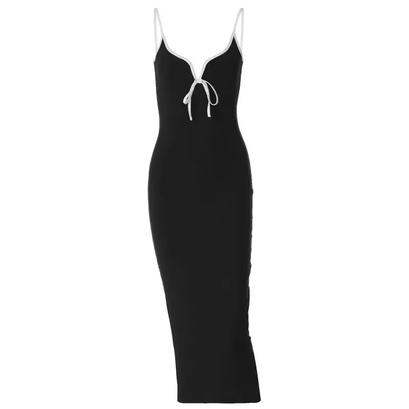V-neck Midi Dress - Slim Fit Spaghetti Straps European American Style