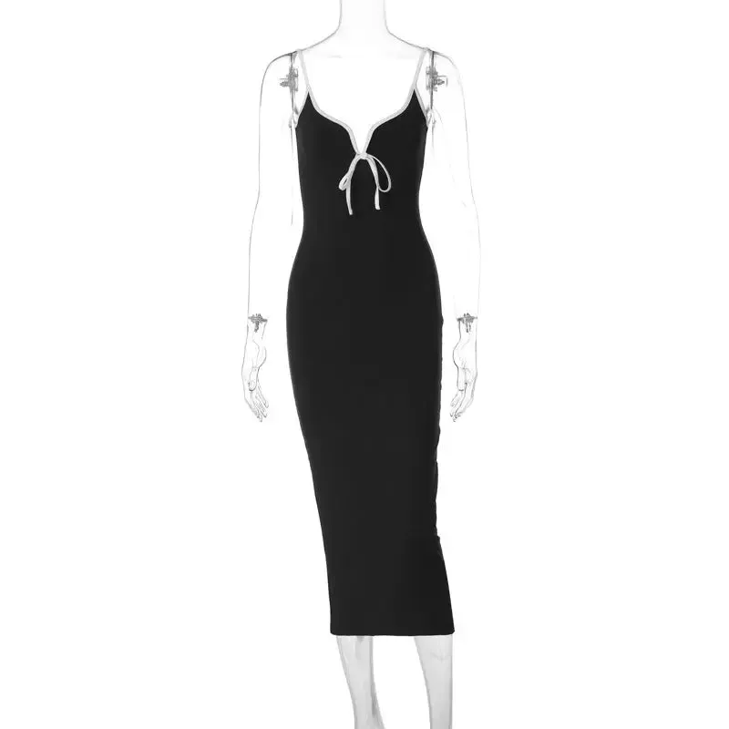 V-neck Midi Dress - Slim Fit Spaghetti Straps European American Style