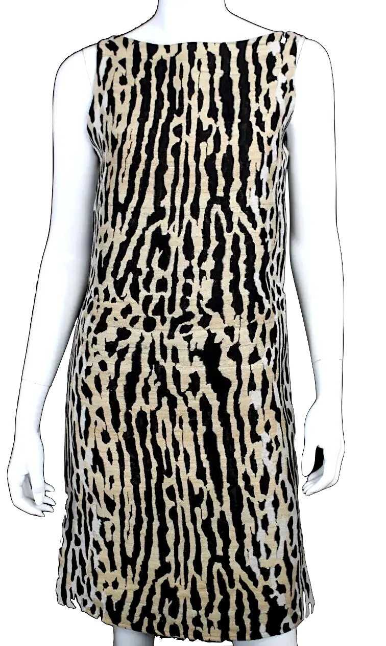 VALENTINO Italy. Black, Beige & White Abstract Jacquard Boatneck Shift Dress