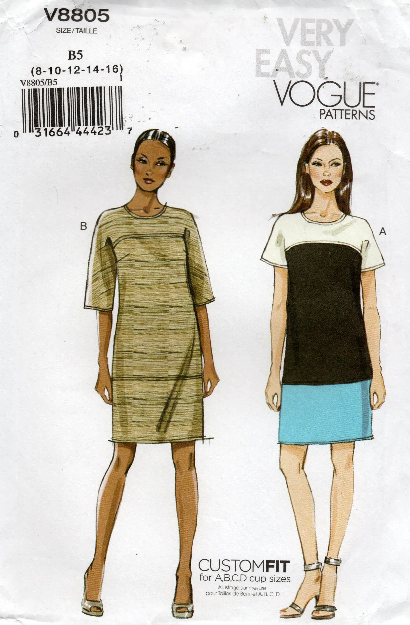 Very Easy Vogue V8805 Womens Pullover Color Block Dress Sewing Pattern Size 8 - 16 UNCUT Factory Folded