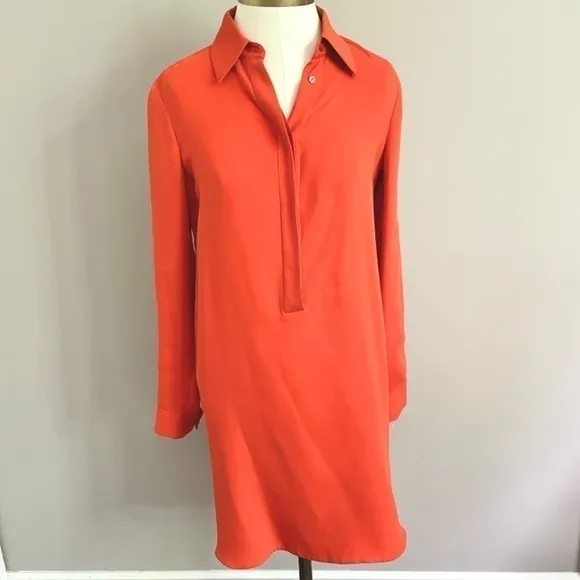 Vince Burnt Orange 100% Silk 1/2 Button Long Sleeve Shirt Mini Dress - S/4-6