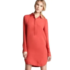 Vince Burnt Orange 100% Silk 1/2 Button Long Sleeve Shirt Mini Dress - S/4-6