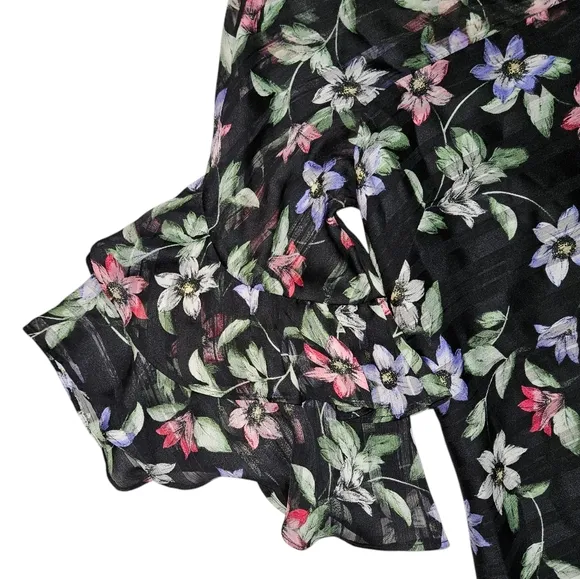 𝅺Vince Camuto Black Floral Print Shift Dress Sz 4 Ruffle Bell Sleeve Whimsigoth