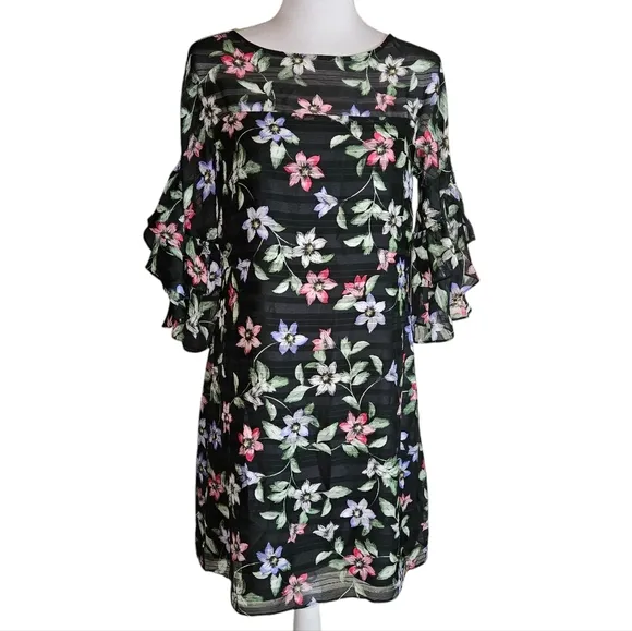𝅺Vince Camuto Black Floral Print Shift Dress Sz 4 Ruffle Bell Sleeve Whimsigoth