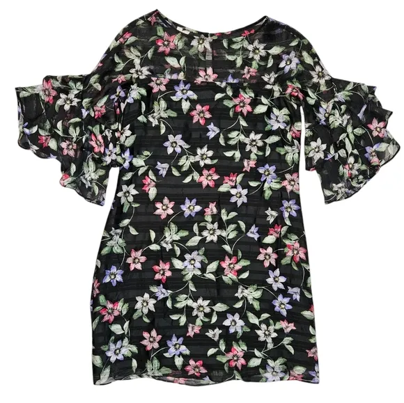 𝅺Vince Camuto Black Floral Print Shift Dress Sz 4 Ruffle Bell Sleeve Whimsigoth