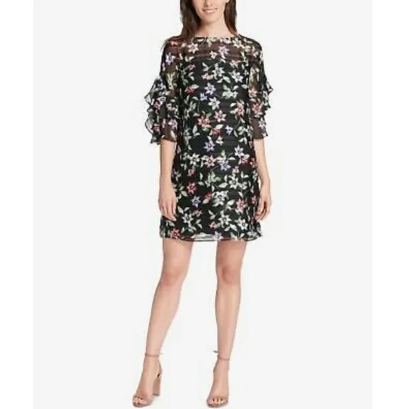 𝅺Vince Camuto Black Floral Print Shift Dress Sz 4 Ruffle Bell Sleeve Whimsigoth