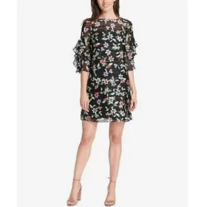 𝅺Vince Camuto Black Floral Print Shift Dress Sz 4 Ruffle Bell Sleeve Whimsigoth