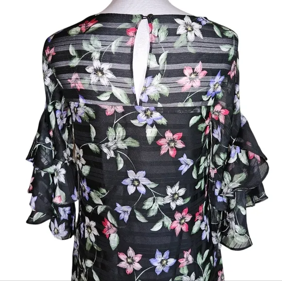 𝅺Vince Camuto Black Floral Print Shift Dress Sz 4 Ruffle Bell Sleeve Whimsigoth