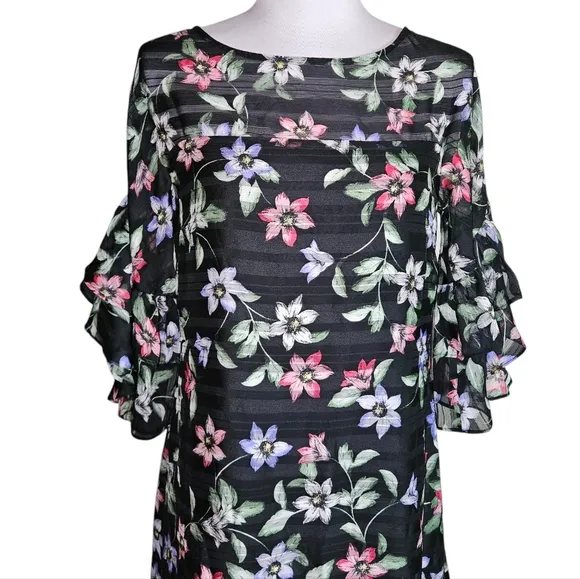 𝅺Vince Camuto Black Floral Print Shift Dress Sz 4 Ruffle Bell Sleeve Whimsigoth