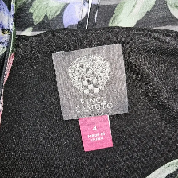 𝅺Vince Camuto Black Floral Print Shift Dress Sz 4 Ruffle Bell Sleeve Whimsigoth