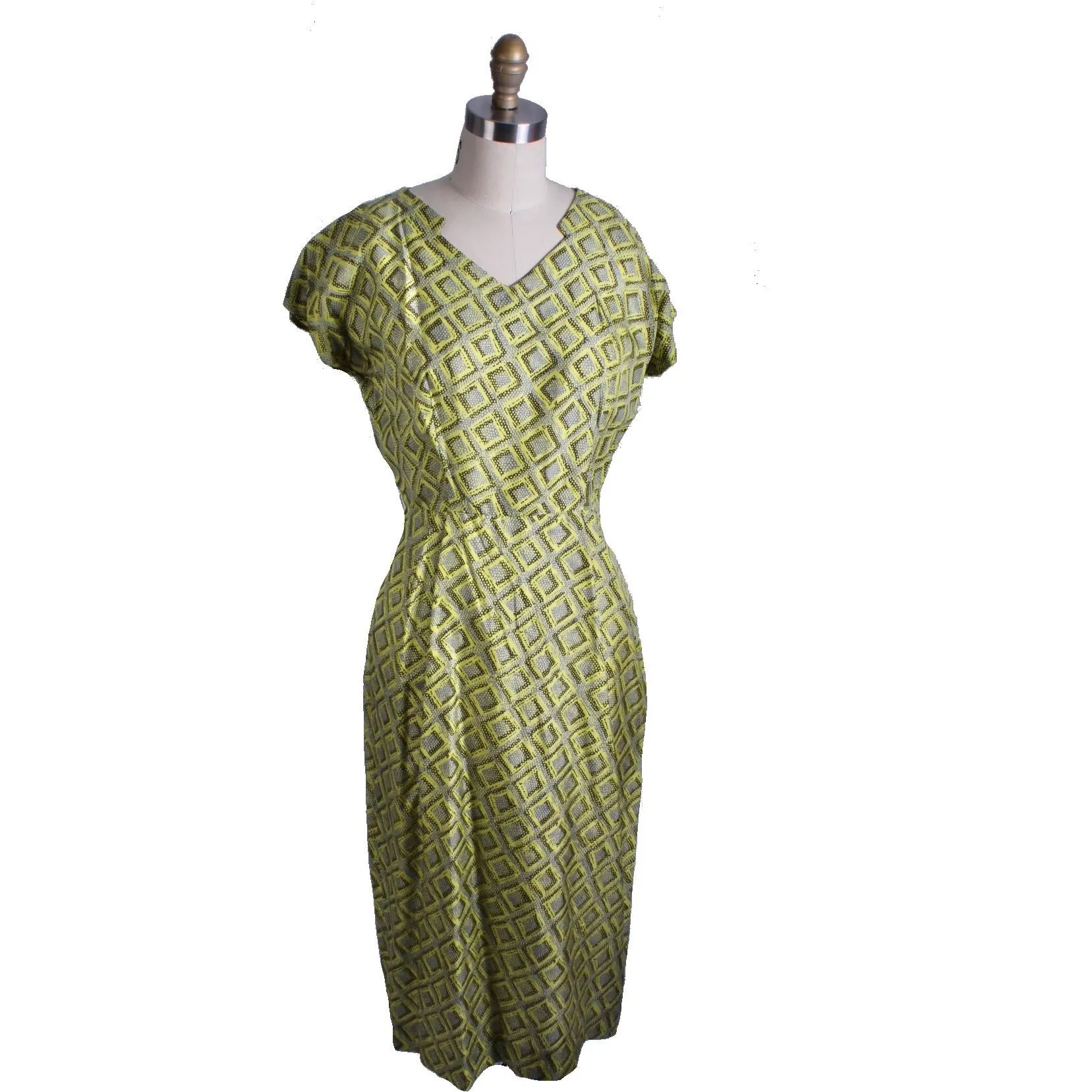 Vintage 1950s Silk Dress Wiggle MCM Roseweb Chartreuse/Black Dress & Jacket Size M NWOT