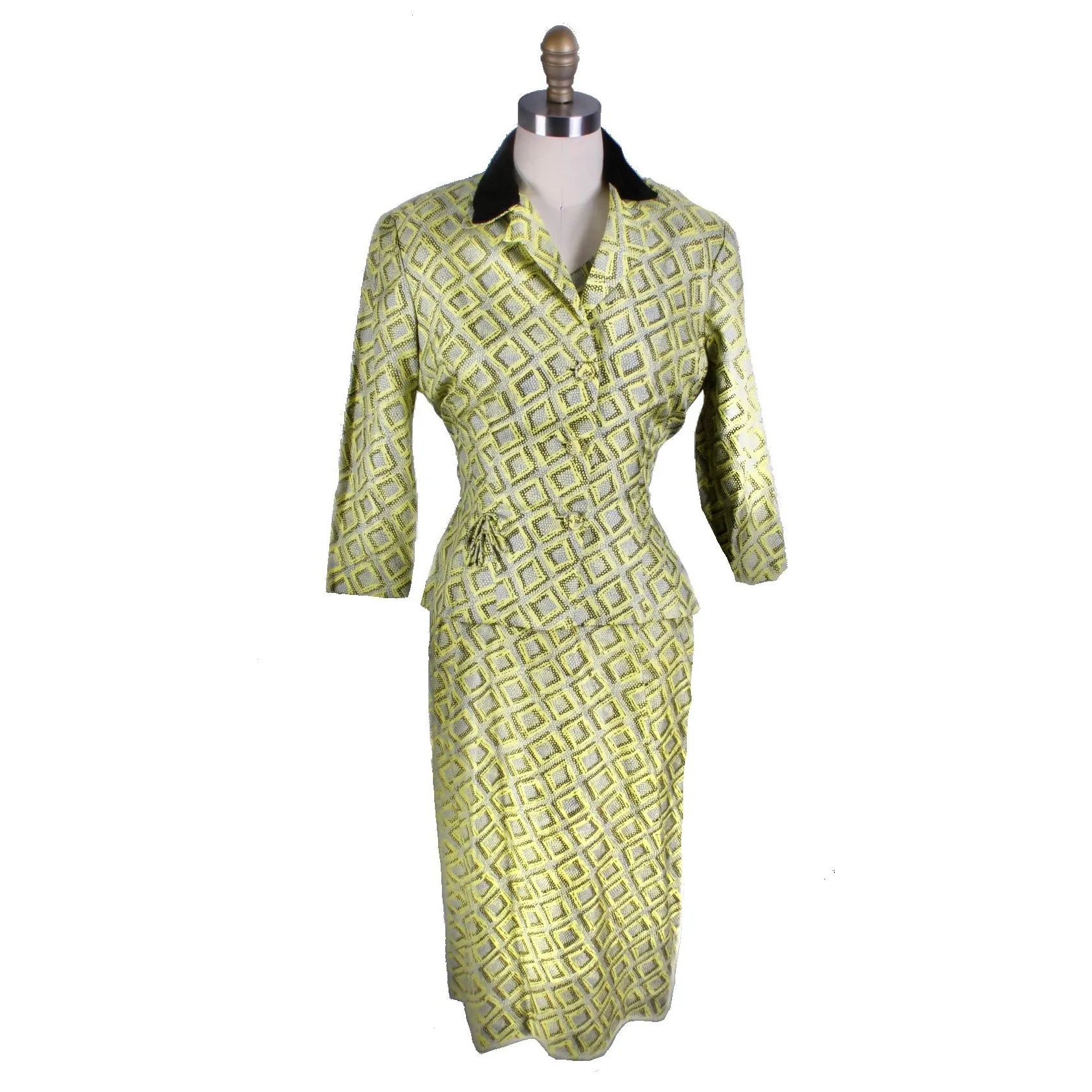 Vintage 1950s Silk Dress Wiggle MCM Roseweb Chartreuse/Black Dress & Jacket Size M NWOT