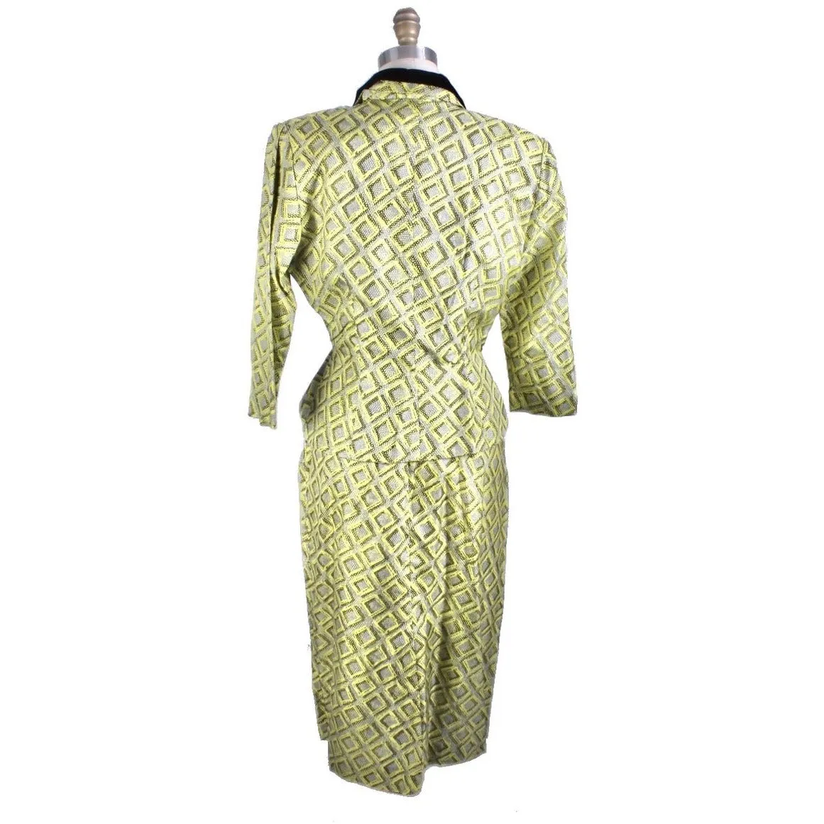 Vintage 1950s Silk Dress Wiggle MCM Roseweb Chartreuse/Black Dress & Jacket Size M NWOT