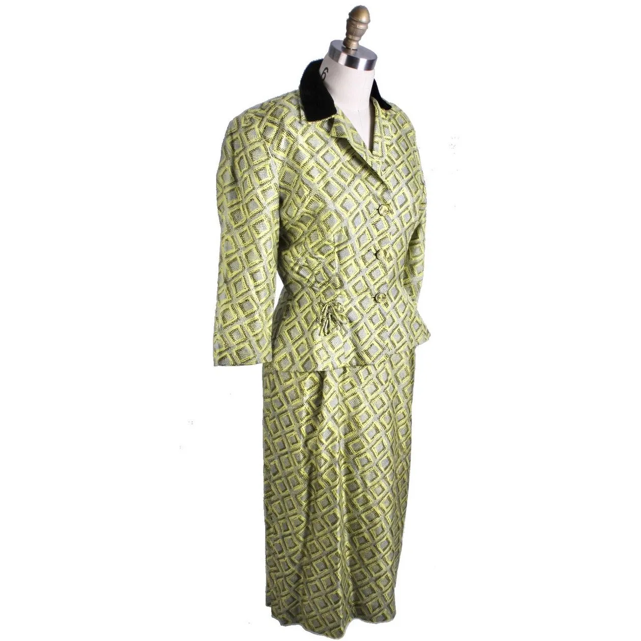 Vintage 1950s Silk Dress Wiggle MCM Roseweb Chartreuse/Black Dress & Jacket Size M NWOT