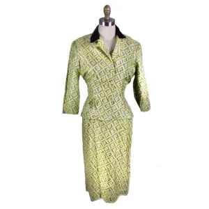 Vintage 1950s Silk Dress Wiggle MCM Roseweb Chartreuse/Black Dress & Jacket Size M NWOT