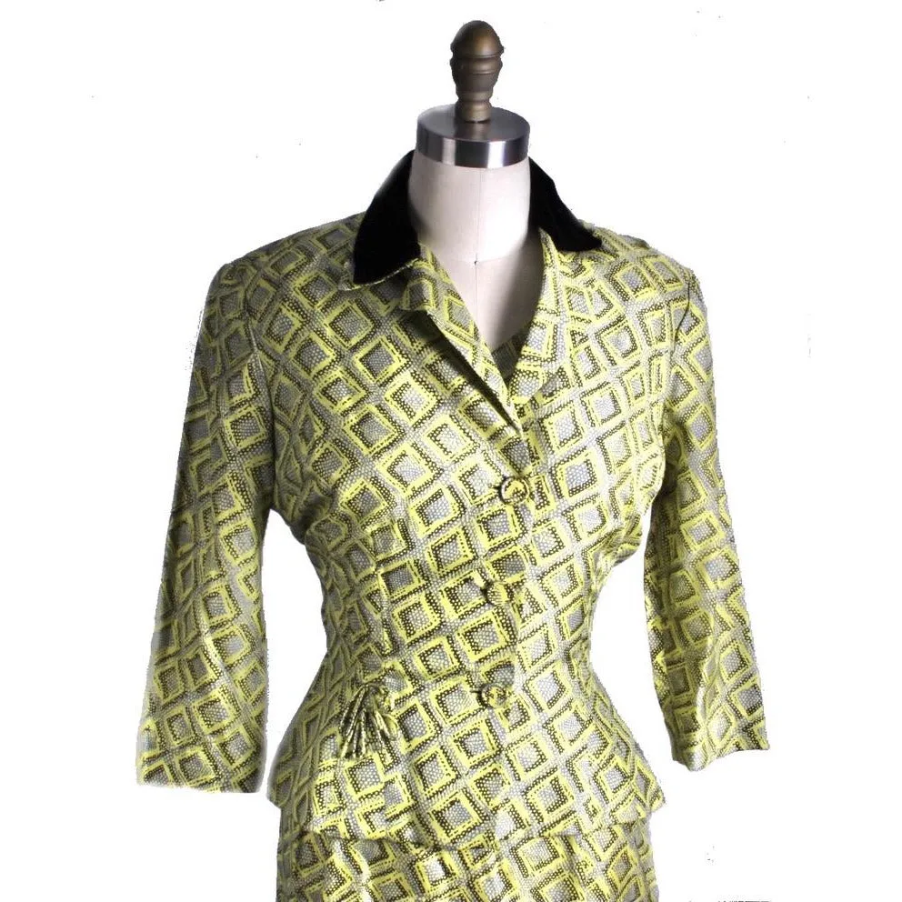 Vintage 1950s Silk Dress Wiggle MCM Roseweb Chartreuse/Black Dress & Jacket Size M NWOT
