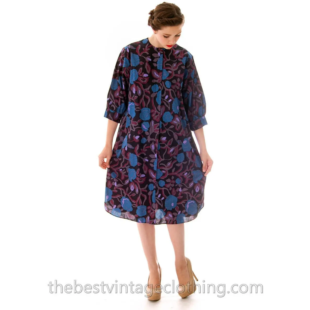 Vintage Marimekko Cotton Printed Tiki  A line Dress M Lavender Green 1960s