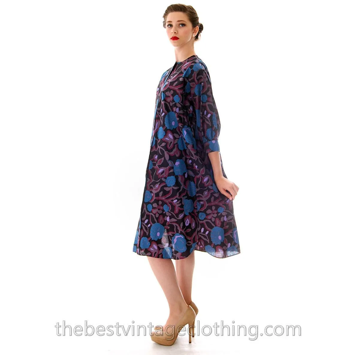 Vintage Marimekko Cotton Printed Tiki  A line Dress M Lavender Green 1960s
