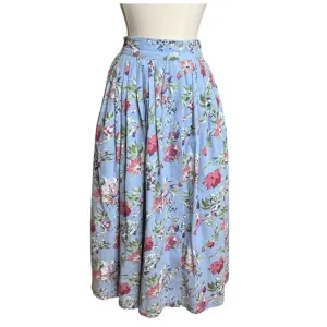 Vintage Midi Skirt Womens M Blue Floral Button Front Pleated Cottagecore Boho
