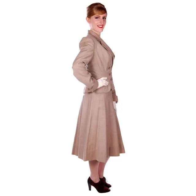 Vintage Oatmeal Beige Wool Ladies DBL BRSTD Suit 1940s Wasp Waist 38B 25 Waist