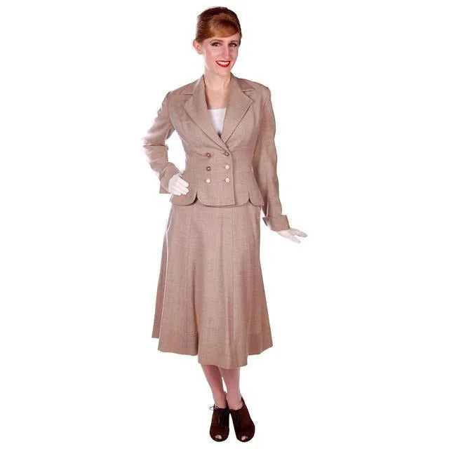 Vintage Oatmeal Beige Wool Ladies DBL BRSTD Suit 1940s Wasp Waist 38B 25 Waist