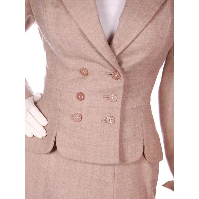 Vintage Oatmeal Beige Wool Ladies DBL BRSTD Suit 1940s Wasp Waist 38B 25 Waist