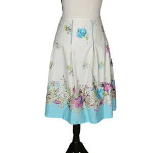 VINTAGE Oscar de la Renta Ecru &amp; Blue Floral Print Pleated A-Line Skirt Size 14