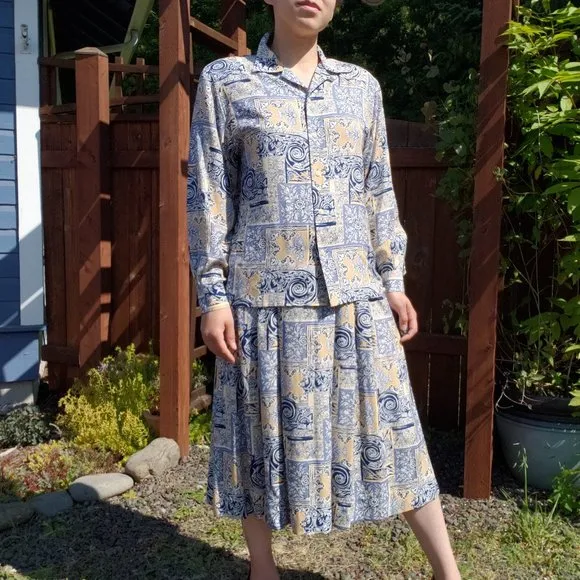 Vintage Pendleton Cream and Blue Baroque Print 2PC Set Size 4*
