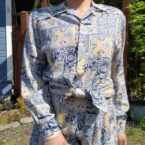 Vintage Pendleton Cream and Blue Baroque Print 2PC Set Size 4*