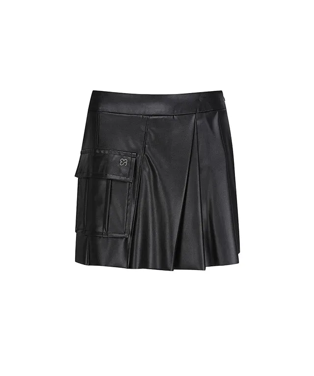 [Warehouse Sale] 3S Eco Leather Pleats Skirt - Black