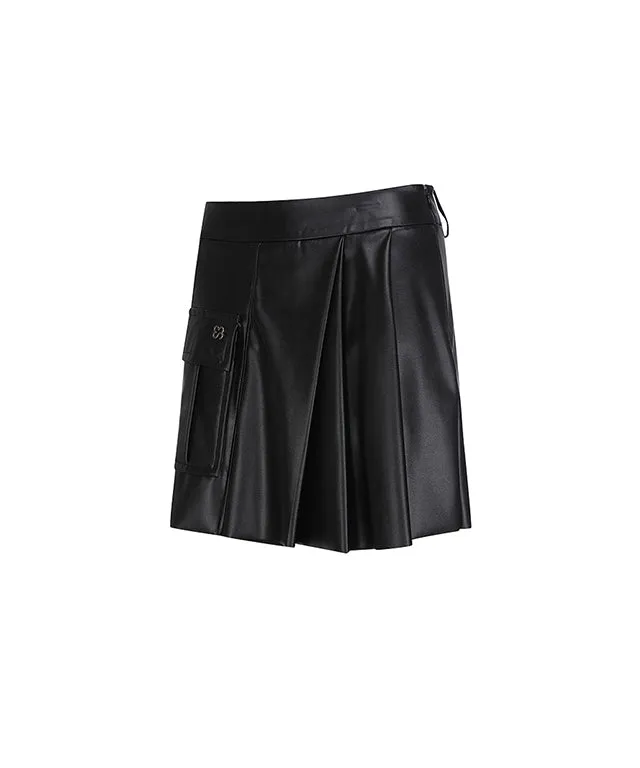 [Warehouse Sale] 3S Eco Leather Pleats Skirt - Black