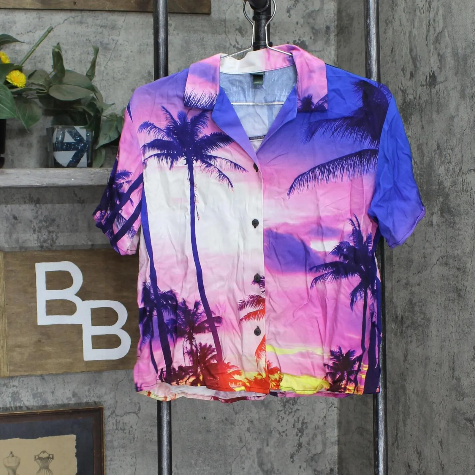 Wild Fable Womens Short Sleeve Camp Button-Down Shirt Multicolor Palm Blue XS