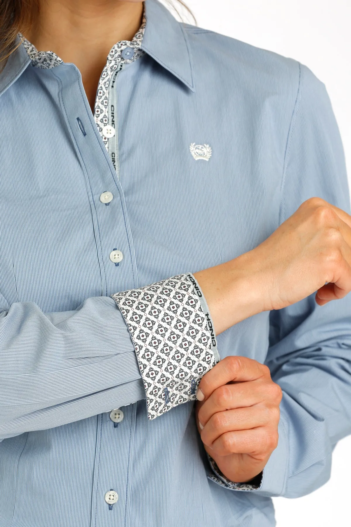 Women's Blue Pinstripe Button-Down Stretch Cinch Blouse