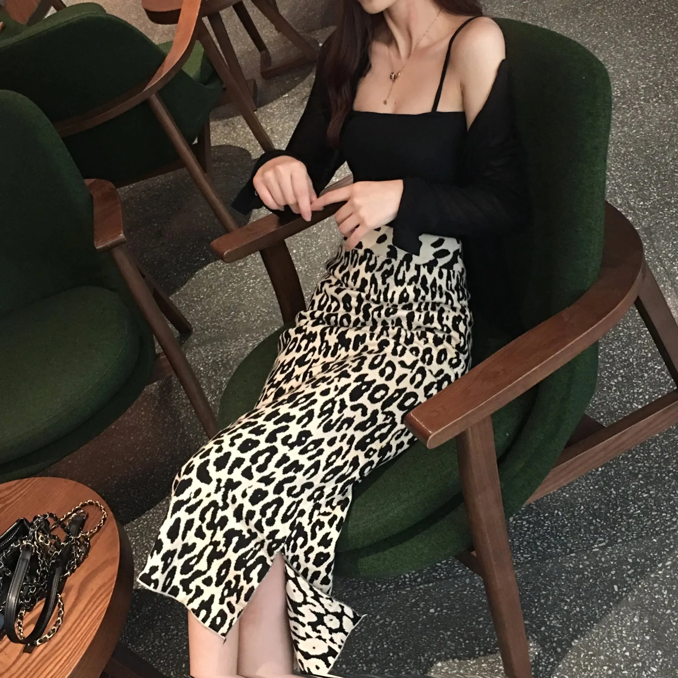Women's Long Leopard Print Midi Skirt with Slit High Waist Knitted Skirt