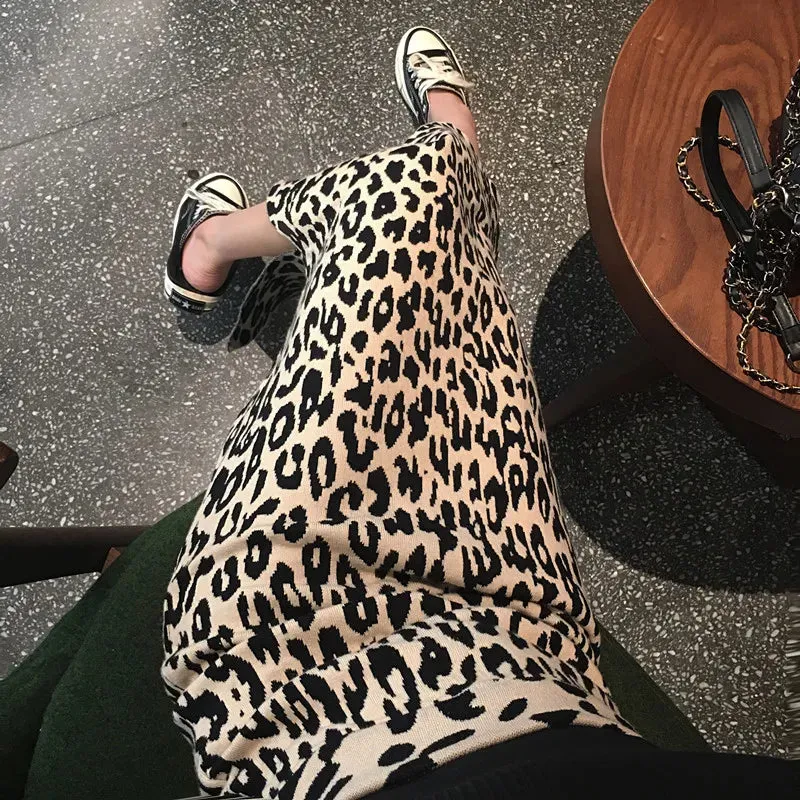 Women's Long Leopard Print Midi Skirt with Slit High Waist Knitted Skirt