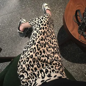 Women's Long Leopard Print Midi Skirt with Slit High Waist Knitted Skirt