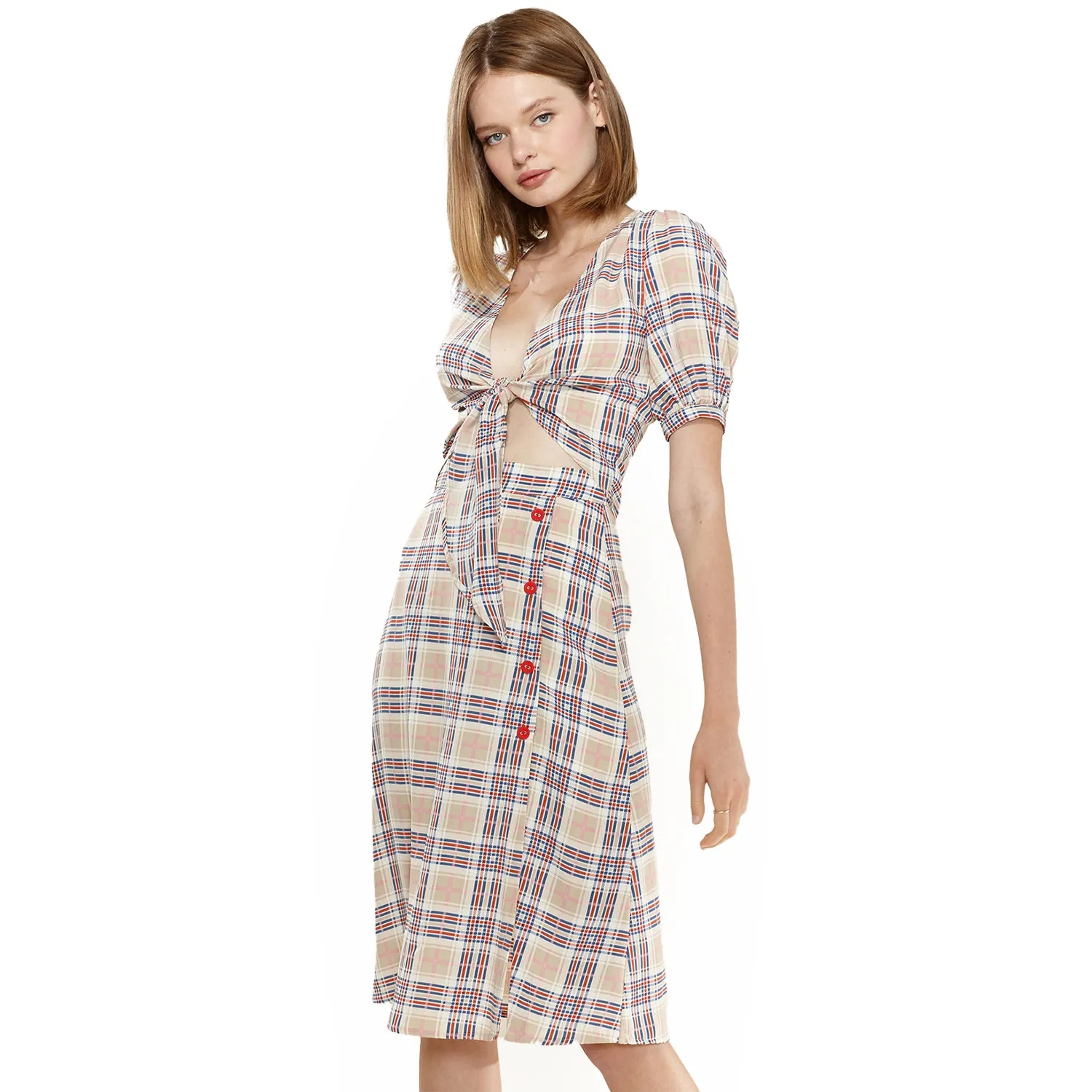 Women's Multi Check Front Tie Hem Blouse