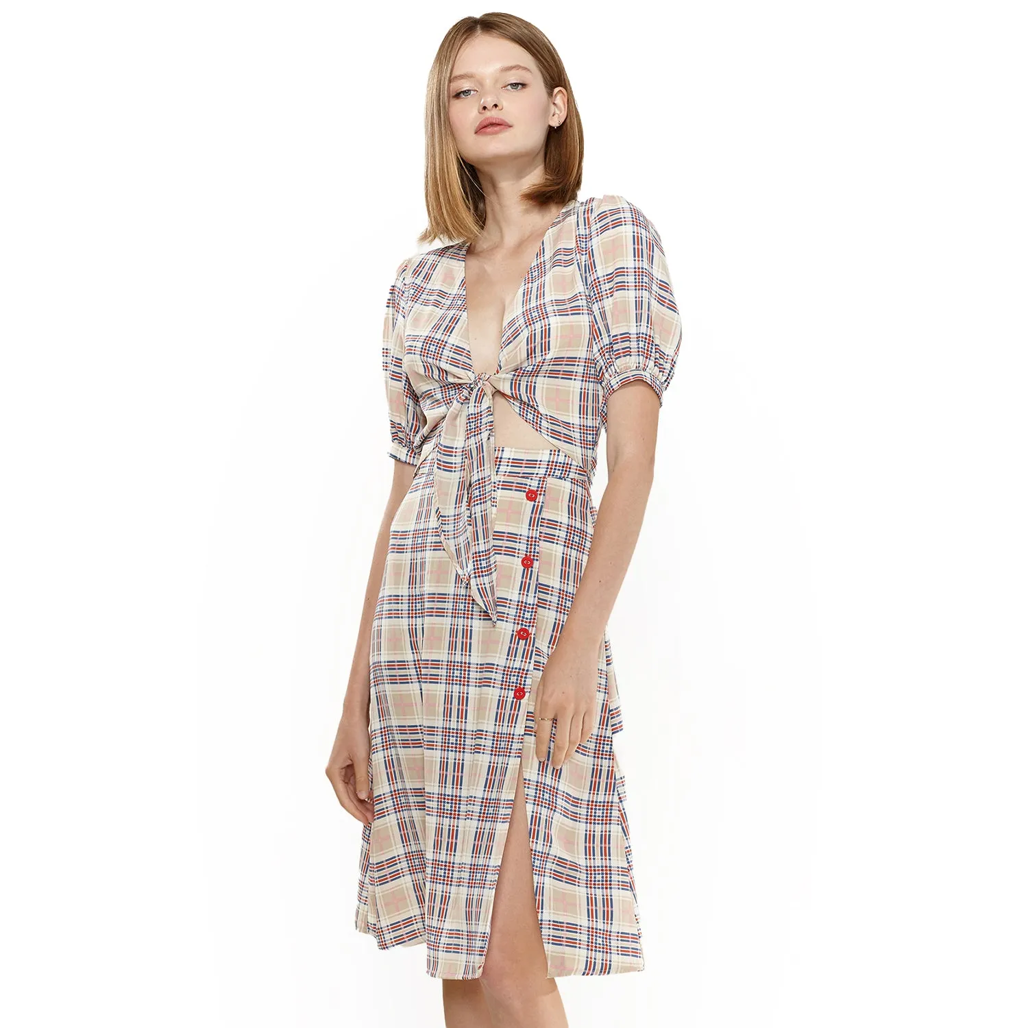 Women's Multi Check Front Tie Hem Blouse
