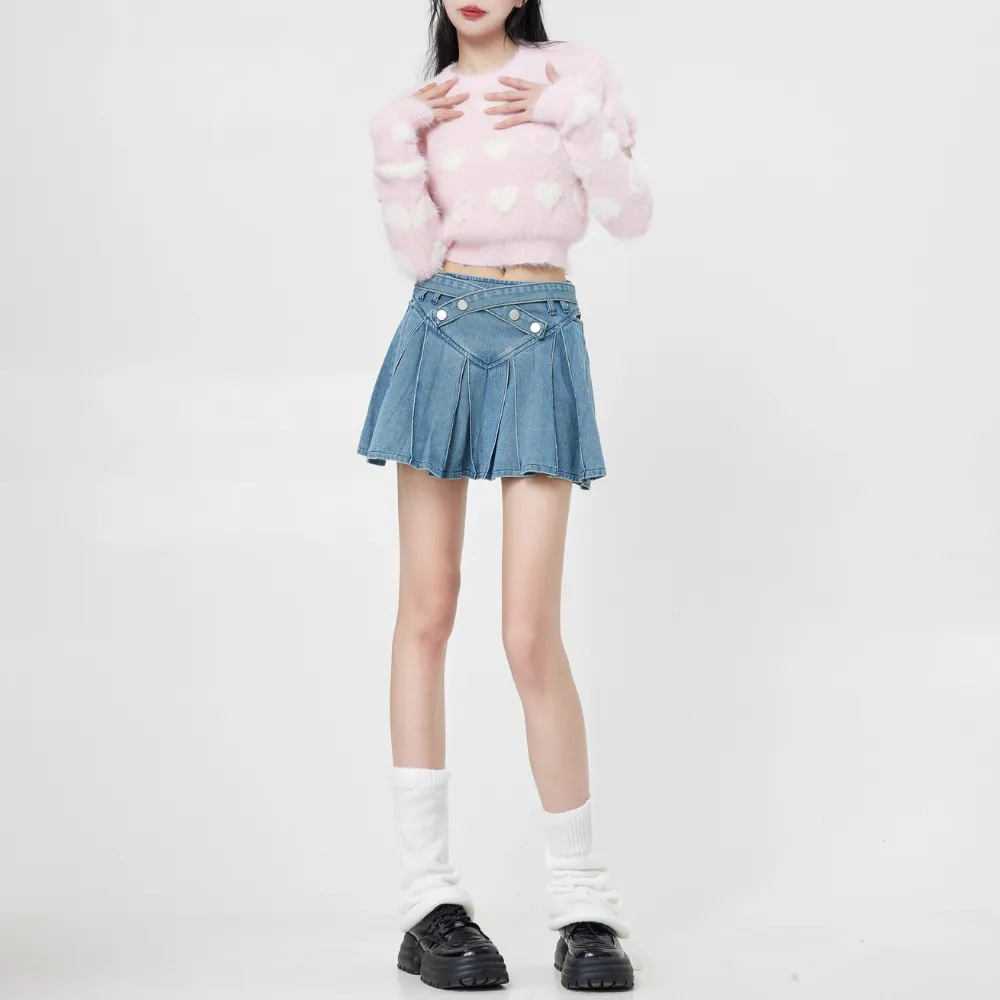 Women's Preppy Pleated Denim Skirt