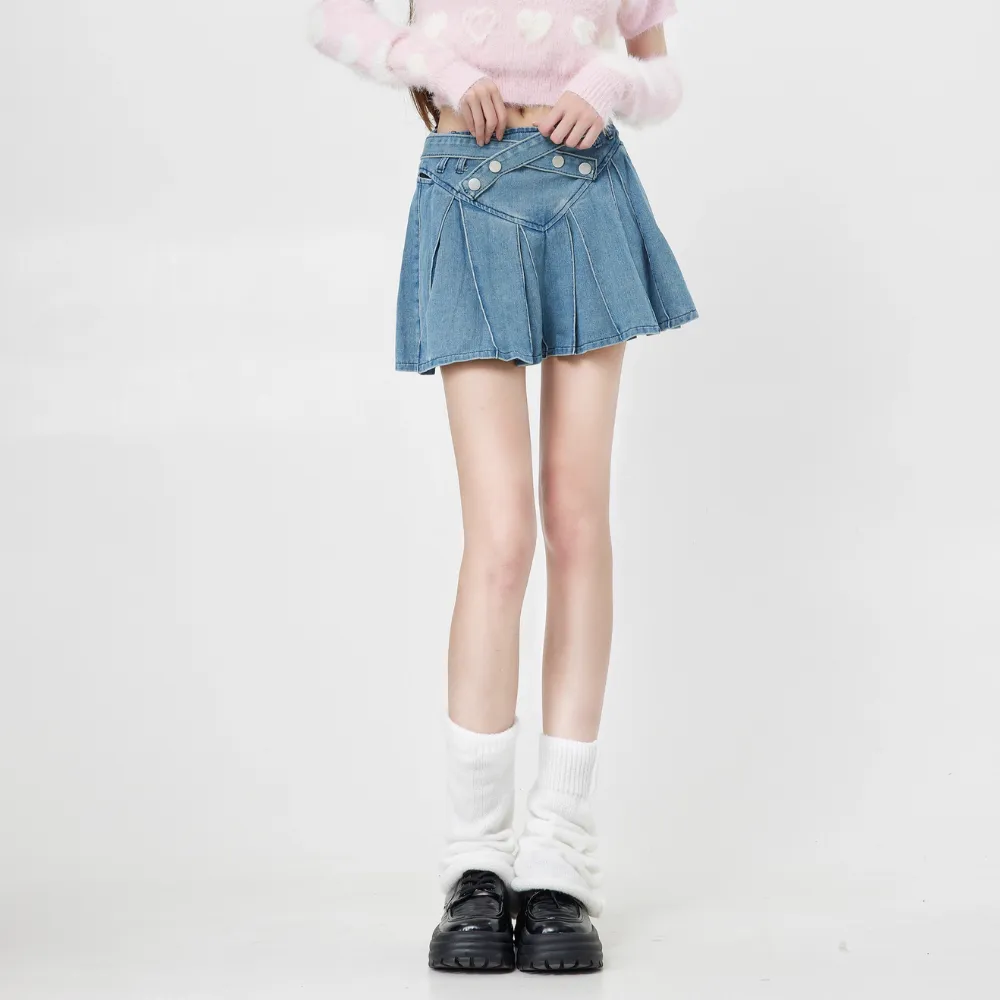 Women's Preppy Pleated Denim Skirt