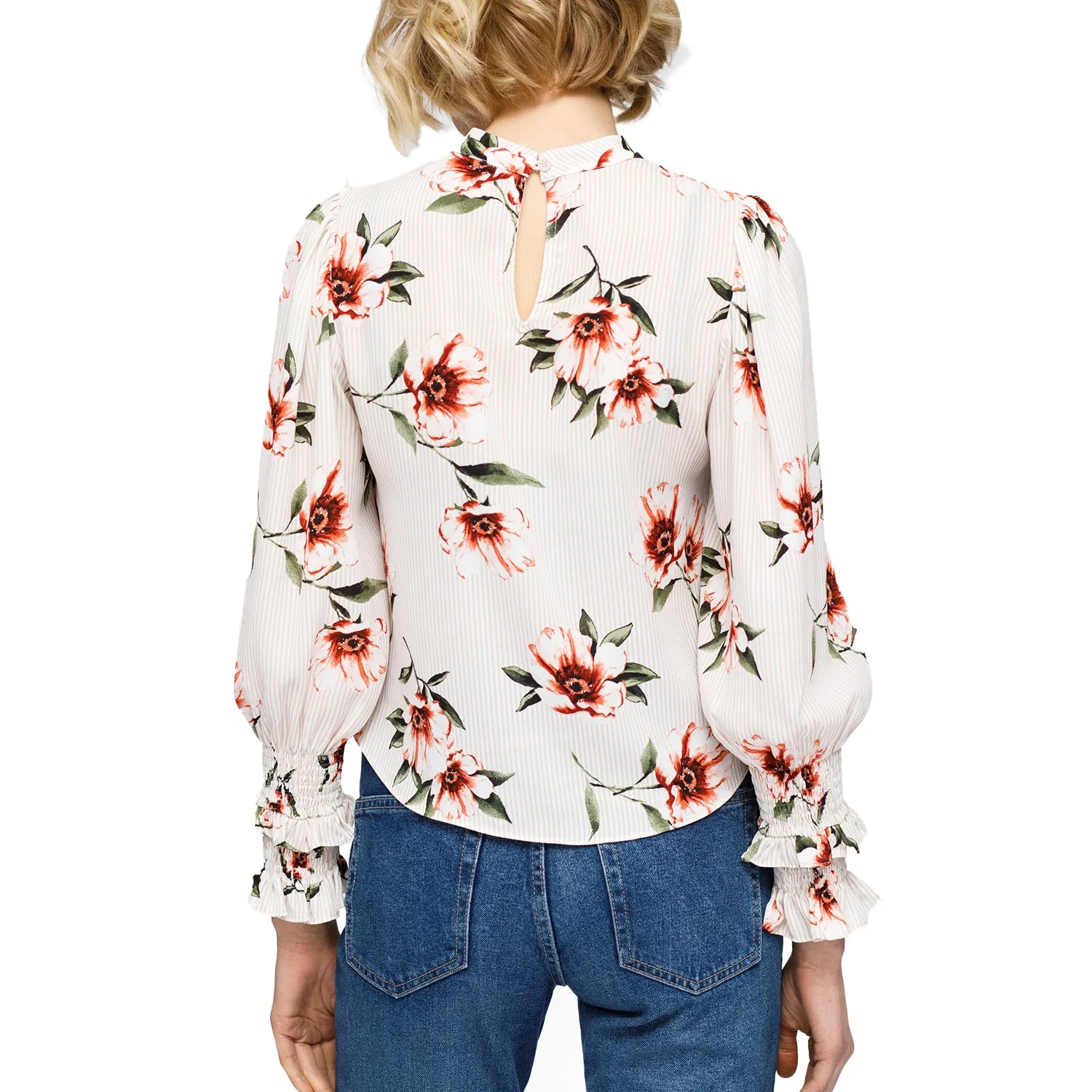 Women's Rust Flower Mockneck Smocked Sleeve Blouse In Taupe
