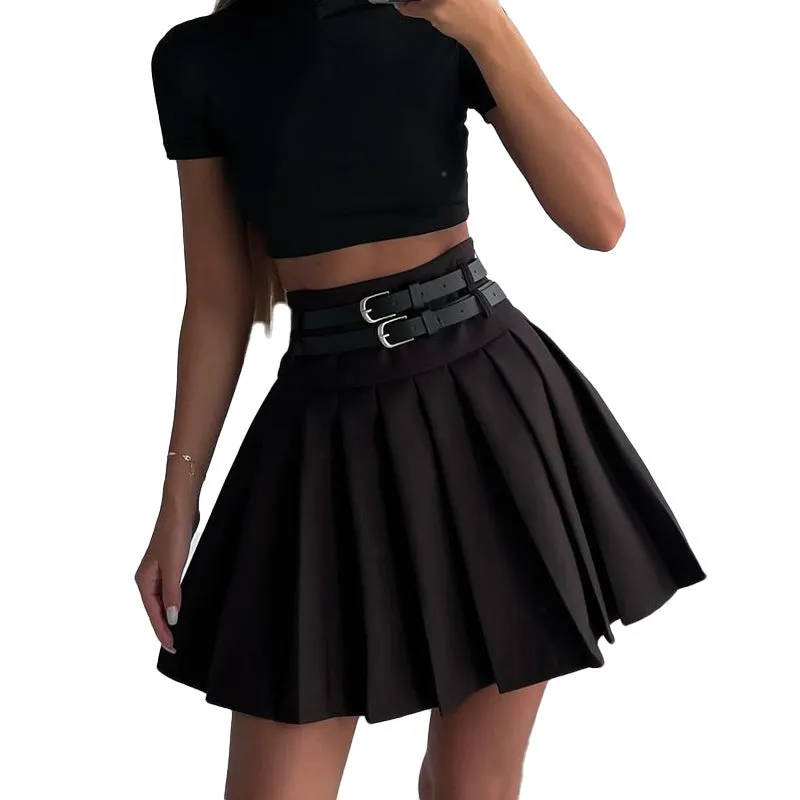 XY23212Summer2023New European and American Sweet Cool Style Pure Color All-Matching Slim Double Belt High Waist Pleated Skirt